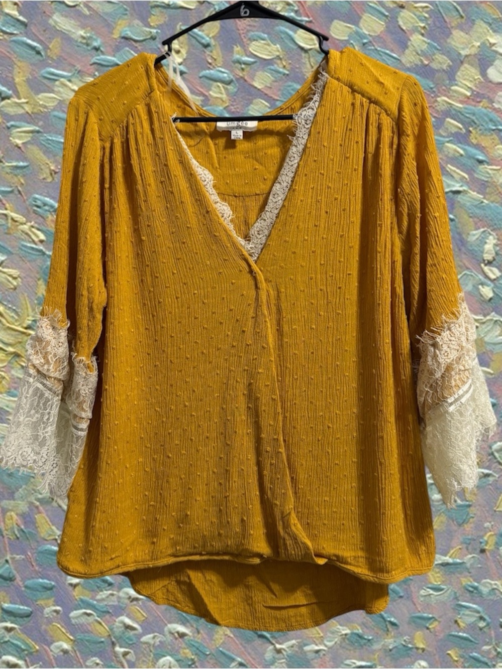 Umgee Mustard V Neck Blouse with Cream Lace Trim size L